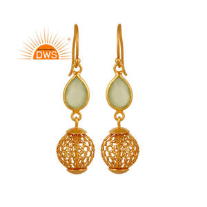 Boucles d'oreilles en argent plaqué or, filigranes suspendues, perles de designer, pierres précieuses en calcédoine préhnite, collection classique, fabricant de bijoux - Product Image 1