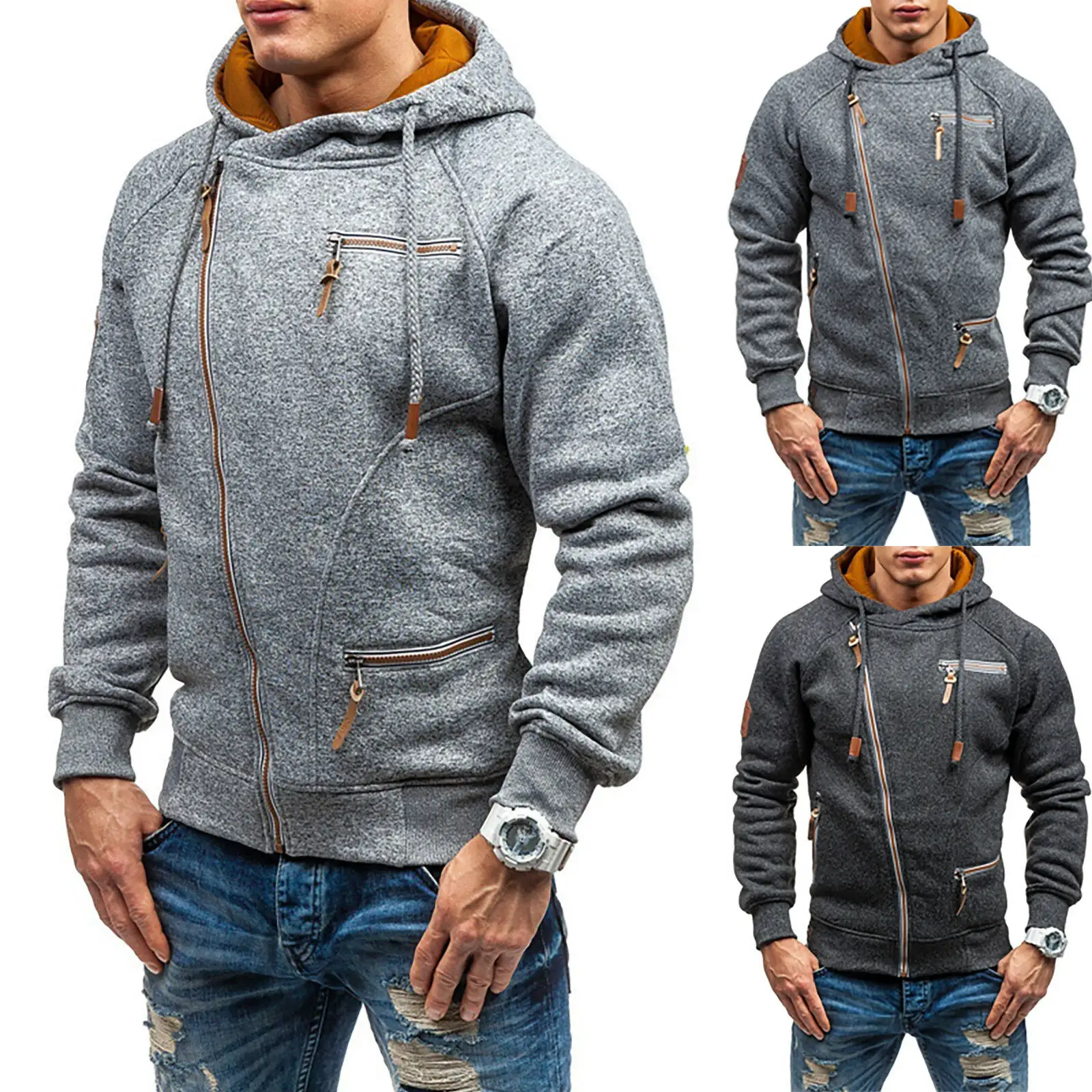 Men Hoodies Jacket Sweater Casual Side Zip Up Hooded Sweatshirt Coat Outwear HOT