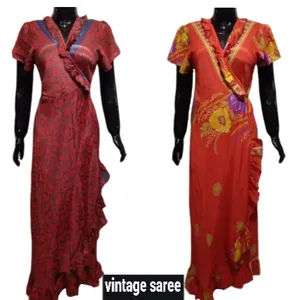 复古时尚美丽多彩设计敞口褶边连衣裙为女士花卉印花女士派对礼服印度波西米亚丝绸连衣裙