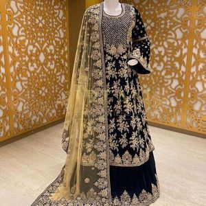 NEVY BLUE LONG <b>TOP</b> LEHENGA INDIAN /PAKISTANI DRESS Embellished DABKA, ZARI work for Wedding @ 2022 - Product Image 1