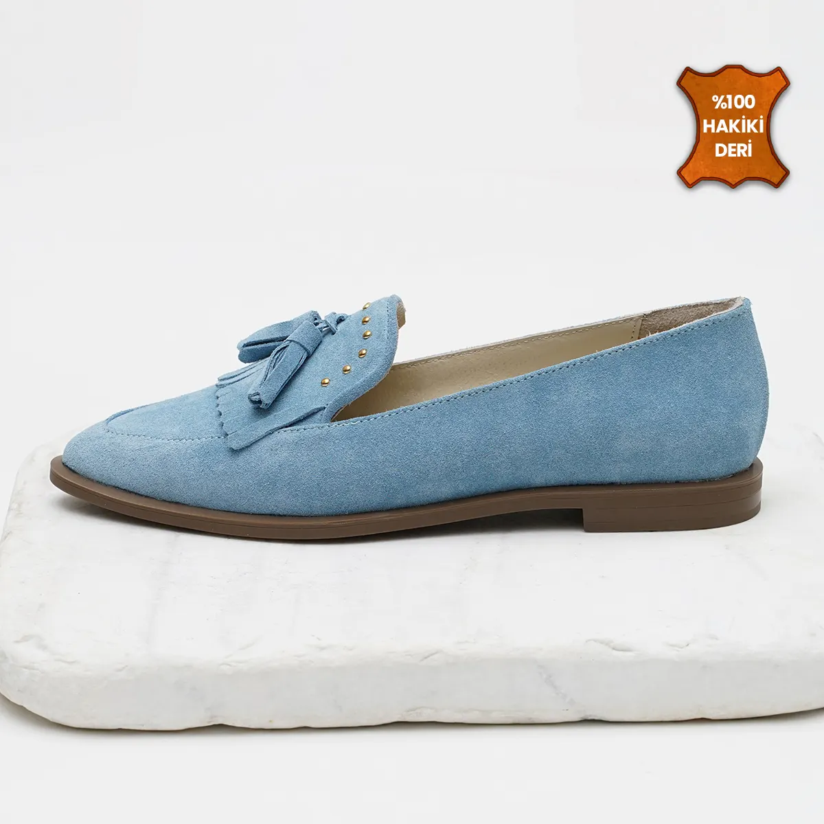 Mio Gusto Brand Brianna Blue Genuine Suede Leather 2cm Heel-Height Women 's Low Heel Loafer Shoe Ladies Fashion