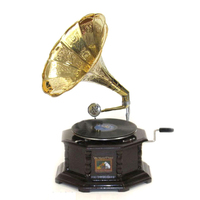 Tocadiscos Antiguo con Bocina de Latón, Equipo de Audio Gramófono en Venta, Gramófono Antiguo con Base de Madera