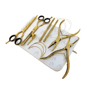 Hand Made Surgical Grade Stainless Steel Gold Color Hair Extension Plier Scissor Needles Loop Tools Rings With White Kit