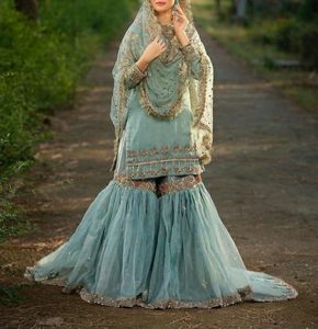 Robe longue moderne KAMEEZ SHARARA, broderie avec des perles de verre de cristal, h habillement, tenue de fête/mariage @ 2022 - Product Image 1