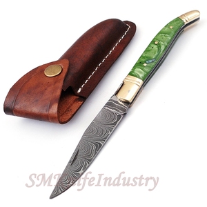 Custom Hand Forged Pocket Knife Hand Made Damascus Folding Knife with Leather Sheath Cover (smk1692) - Product Image 2