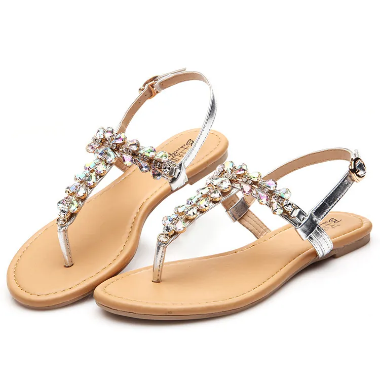 Stylish wholesale latest fancy ladies rhinestone flat thong gladiator crystal woman sandals in fashion