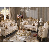 Set Sofa Kayu Jati Ukiran Tangan Gaya Modern Eropa, Finishing Metalik Emas Antik, Furnitur Ruang Tamu Tahan Lama, Dijual