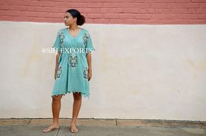 Collection supérieure fait à la main indien caftan couverture robe Floral sarcelle corail brodé taille élastique 100% coton dentelle plage gland - Product Image 2