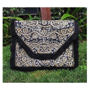 Bolso de mano tipo sobre de gran capacidad para mujer, estilo bohemio indio Guru Kirpa, hecho a mano, con cuentas, de lona, para la noche o para ir de compras. - Product Image 3