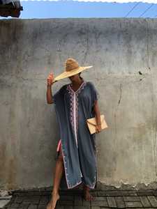 Robe longue brodée style Boho en coton pour femmes, manches courtes, ample, longue, style bohémien, nouvelle collection d'été 2021 - Product Image 2