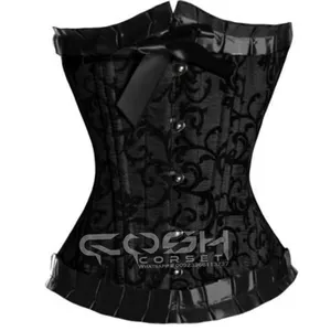 Underbust Steelboned Women's Lace Up Black Brocade Corset Bustier Top With Frill, Corset Vendors And Exporter