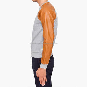 Personnalisé votre propre logo pour homme sweat-shirt brodé col ras du cou moutarde et gris clair pull manches en cuir - Product Image 2