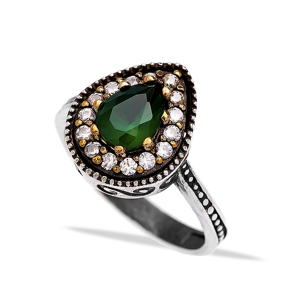 Anillo de Plata 925 con Diseño Otomano, Hecho a Mano, Auténtico, Turco, con Piedra Esmeralda - Product Image 1