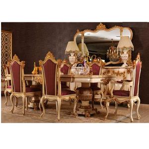 Juego de mesa de comedor tallada a mano de lujo, muebles de estilo real francés, mesa de comedor clásica de madera sólida dorada, producto superior - Product Image 1