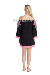 Beguiling Beautifully Bohemian Style Embroidered Kaftan Dress Off-shoulder full sleeve Cool <b>Fringed</b> Hem Bathing Suit Tunic - Product Image 4