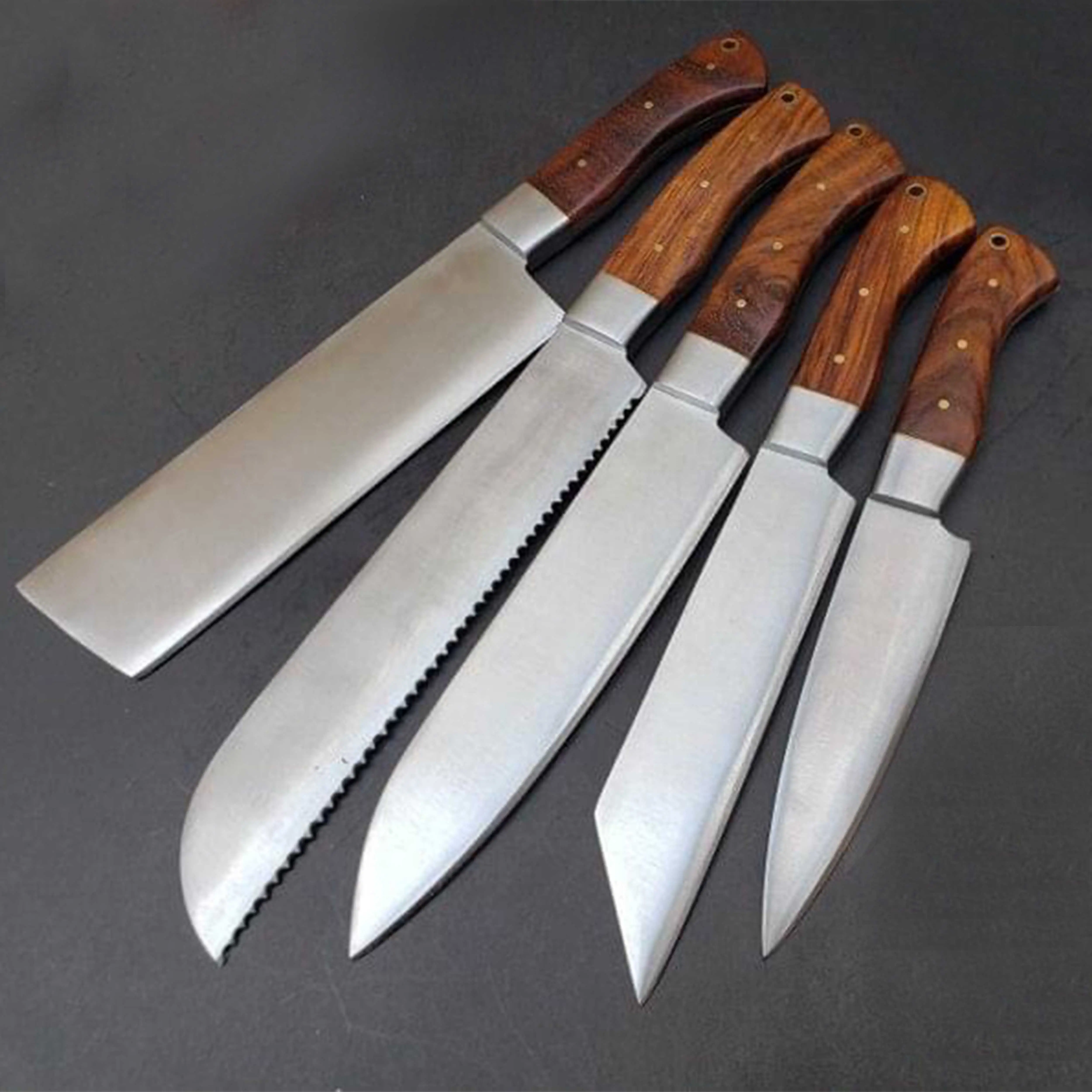 Fixed Blade Chef Knife Set Wood Handle Handmade Stainless Steel Factory Made Custom Rose 5 PCS Hunting Knife Outdoor Camping PK