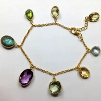 Wholesale 925 Sterling Silver Gold Plated Adjustable Multi Color Gemstone Link Chain Bracelet