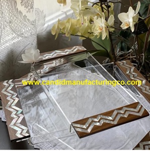 Plateau en acrylique, plateau en nacre, incrustation en bois, plateau de service en bois d'acacia avec incrustation en nacre - Product Image 2