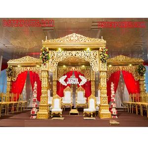 Golden Jodha Akbar Wedding Mandap Set Grand Gold South Indian Mandap Decoración Boda tradicional Fibra Mandap Fabricante EE. UU. - Product Image 1