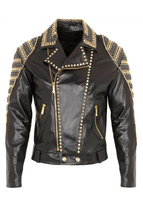 Blouson en Cuir Noir Clouté Rock Star Doré Argenté Toutes Tailles