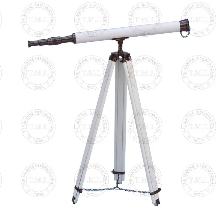 Brass Telescope 27"Floor Standing Antique Copper With White Leather Brass Telescope With Tripod Wooden Base 50"