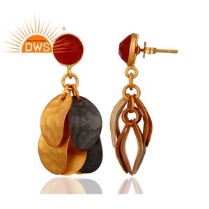 Textured Gold Plated Brass <b>Indian</b> Chandelier Earring Fashion Jewelry Red Onyx Gemstone Earrings Jewelry - Product Image 2