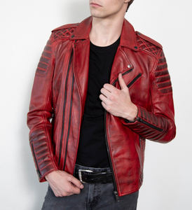 Chaqueta de cuero de oveja para hombre, estilo motorista Rojo, al mejor precio, venta al por mayor, en Pakistán - Product Image 3