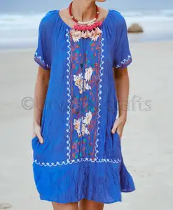 Vestidos de manga corta elegantes hasta la rodilla baratos de fábrica para mujer Vestido corto bordado para mujer - Product Image 1