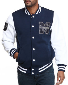 Veste de sport pour homme, bleu marine et blanc, style universitaire, logo M brodé, style décontracté, coupe régulière, extérieur en laine/polyester, imperméable et coupe-vent - Product Image 6