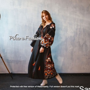 Ropa de primavera ecológica para mujeres indias, manga larga abullonada, elegante cuello en V, bordado a mano, vestido ucraniano tejido en Europa - Product Image 2
