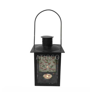 Lanterne carrée en fer noir Atiqco avec motif grue violette, style shabby chic européen, faite à la main, durable, éclairage extérieur pour cour - Product Image 1