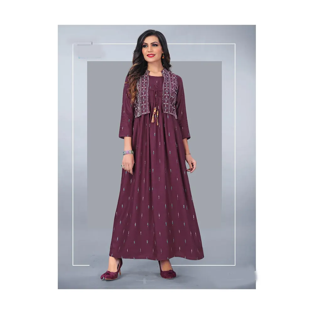 Latest Indian Embroidered 100% Cotton Rayon Kurti Fancy Long Kurti with Koti For Bulk Supply