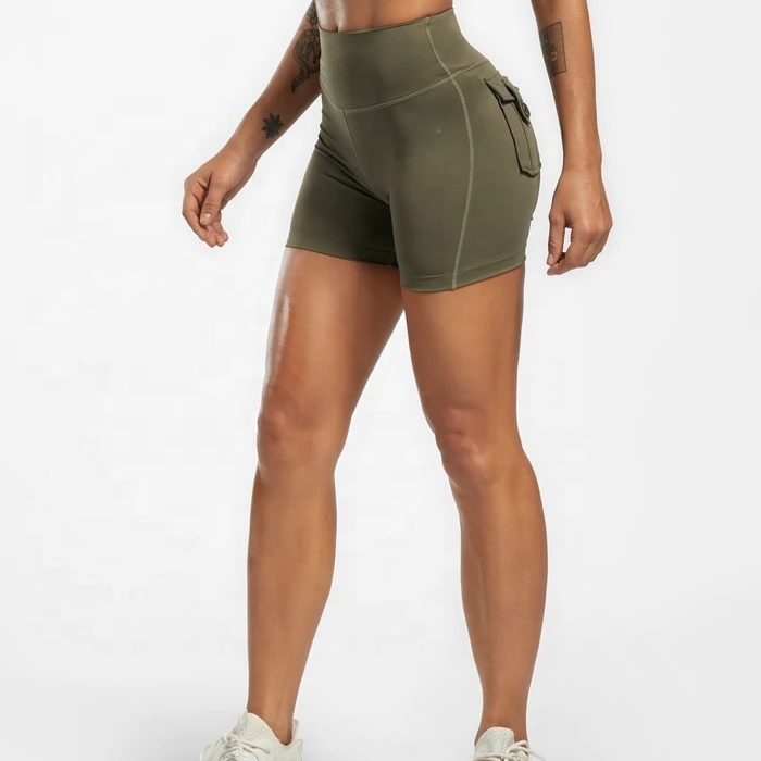 Custom Solid Pattern Fitness High-Waisted Elastic Waistband Skinny Pocket Women's Gym Yoga Shorts