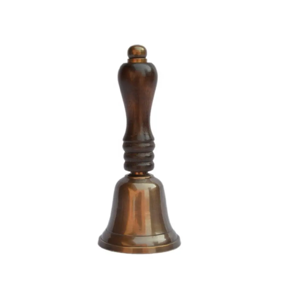 Sino de bronze de pooja vintage, com punho de madeira e polido e pintado, design de toque em forma de sinos