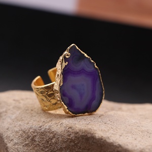 Nouveau design bijoux femme anneau réglable tranche d'agate naturelle druzy fait à la main pierre unique anneaux de pierres précieuses pour femmes anneau bijoux - Product Image 2