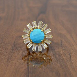 Anillo ajustable de piedras preciosas azul turquesa chapado en oro de 18 quilates al por mayor, Alianzas de Boda florales de Plata de Ley 925 - Product Image 1