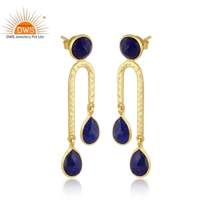 Hot Setting 925 Sterling Silver Long Drop Boucle d'oreille Plaqué Or Lapis Gemstone Boucle d'oreille Fournisseur - Product Image 2