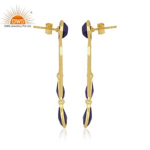 Hot Setting 925 Sterling Silver Long Drop Boucle d'oreille Plaqué Or Lapis Gemstone Boucle d'oreille Fournisseur - Product Image 3