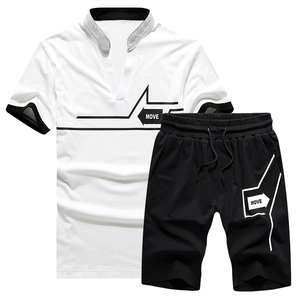 Conjunto deportivo con cuello en V para hombre, set de 2 piezas con estampado personalizado, estilo veraniego, venta al por mayor - Product Image 1