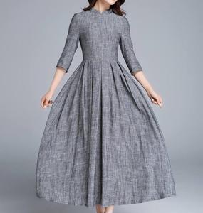 เดรสผ้าลินินของผู้หญิงแขนยาวคอกลมสีเทาอ่อนใหม่ล่าสุดแฟชั่นฤดูร้อน - Product Image 3