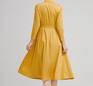 Vestido Camisero Amarillo con Cuello Camisero, Manga Tres Cuartos, Largo Midi, Color Sólido, Tejido Transpirable, 100% Lino, Bordado, Oficina - Product Image 3