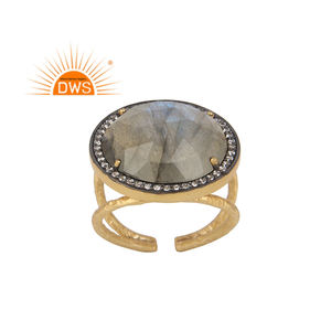 Handcrafted <b>Chunky</b> Round Labradorite Gemstone <b>Ring</b> Supplier Textured 14k Gold Plated 925 Sterling Silver <b>Ring</b> Indian Jewelry - Product Image 1