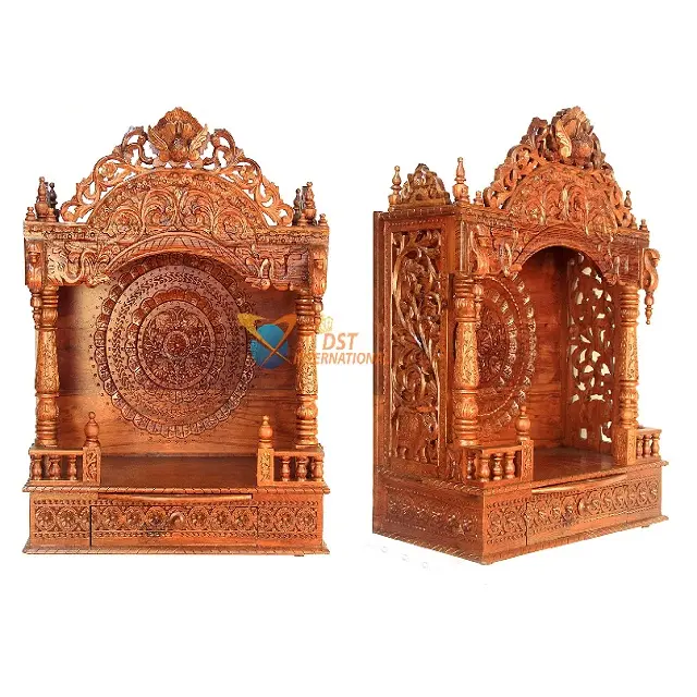 인도 조각 티크 나무 사원 Mandir 클래식 디자인 손 조각 Pooja 사원 브라운 전통적인 티크 나무 사원 홈