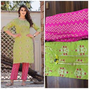 ชุดกางเกงเรยอนสำหรับผู้หญิง3/4th,ชุดกางเกง Kurti เรยอนทรงตรงดีไซน์ที่แตกต่างกันทั้งด้านบนและกางเกงจาก Royal Export - Product Image 2