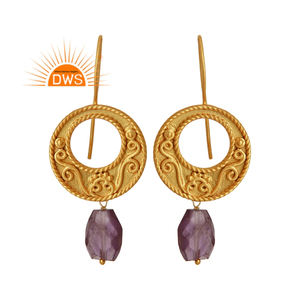 <b>Purple</b> Amethyst Gemstone Earrings Designer Gold Plated Sterling Silver Hook Earrings Jewelry Supplier Classic Collection - Product Image 1