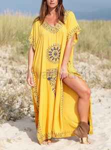 2020 Spring Sexy Ladies Deep V Neck Holiday Beach Floral Embroidered Bohemia Women Beach Cotton <b>Long</b> <b>Kaftan</b> - Product Image 2