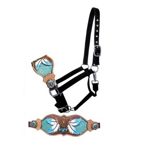 Best Quality Adjustable Black Nylon Hand Painted Feather Design Rope <b>Halter</b> with leather Nose Wholesale Manufacturer - Product Image 1