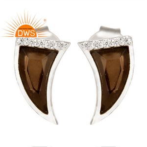 ต่างหูเงินแท้ประดับเพชร CZ รูปทรงแตรเล็กประดับด้วยควอตซ์สโมคกี้ ของขวัญสำหรับงานหมั้นและงานแต่งงาน - Product Image 1