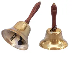 Collectibles Solid Brass Hand Bell Call Service & School Bell with Wood Handle Antique Heavy Bell Item