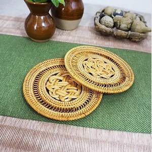 <b>Set</b> of 4 Pcs Light Brown Rattan <b>Coasters</b> Natural Bamboo <b>Placemats</b> Teacup <b>And</b> Coffee <b>Coasters</b> Stylish Kitchenware Pads - Product Image 6